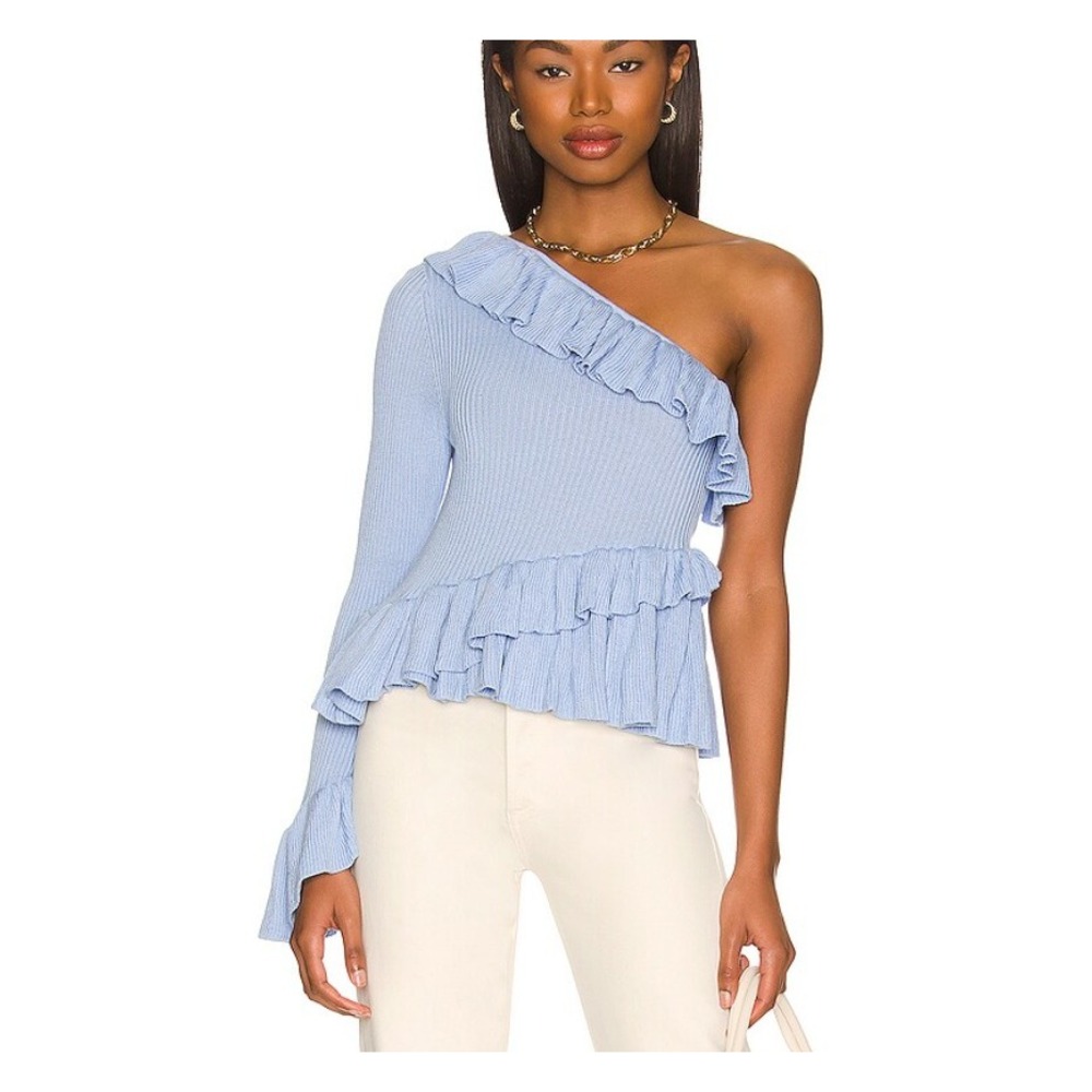 LPA Rosangela One-Shoulder Ruffle Sweater Ribbed Knit Asymmetrical Hem Blue XS